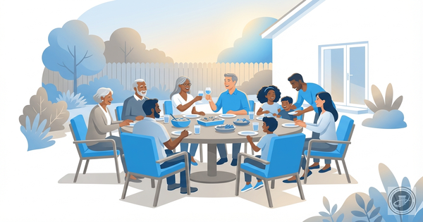 A professional infographic illustration shows a happy, multi-generational family sharing a meal on a backyard patio during a 