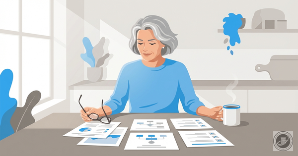 A mature woman reviews Medicare documents at a kitchen table with coffee and glasses in a bright, illustrative style.