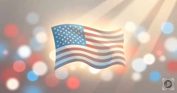 Stylized illustration of a patriotic American flag waving in warm, golden-hour light with an abstract red, white, and blue bo
