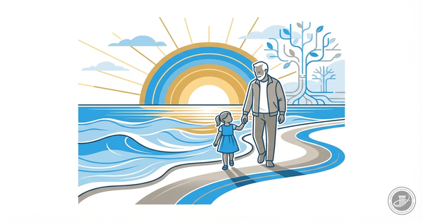 An illustration shows a grandfather and granddaughter walking on a beach at sunset, symbolizing family legacy and planning.