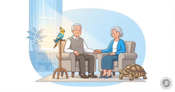 An infographic illustration of an elderly couple in their living room with a cockatiel and a tortoise, rendered in blue, gray