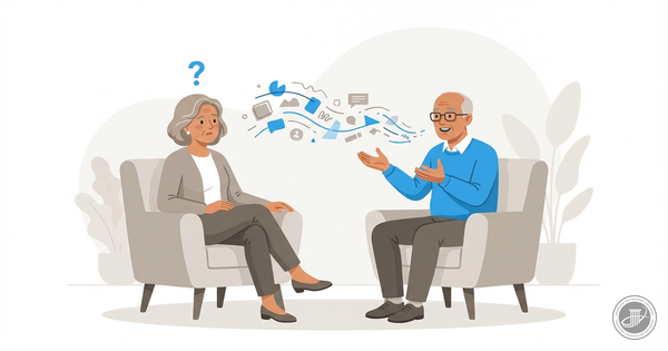 An illustration of two older adults; one gestures expressively while the other looks confused, with a subtle question mark.
