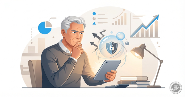Mature adult looking cautiously at a tablet with a protective digital shield icon in a professional infographic illustration.