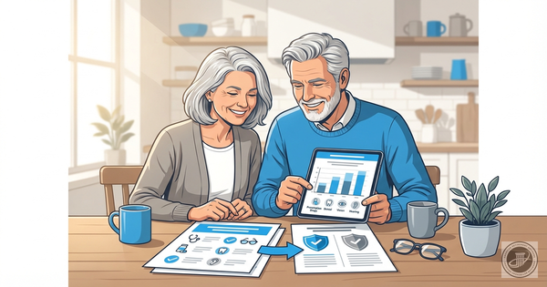 Infographic illustration of a mature couple reviewing healthcare options at a table.