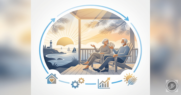 Illustrated infographic of a mature couple on a coastal porch at sunset, representing secure retirement.
