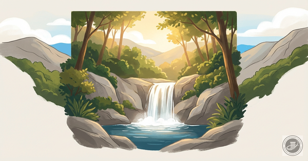 A modern editorial illustration of a peaceful waterfall in the sunlit Georgia mountains, with soft greens, warm grays, and bl