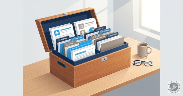An illustration of a neatly organized blue filing box with labeled folders on a sunlit wooden desk.
