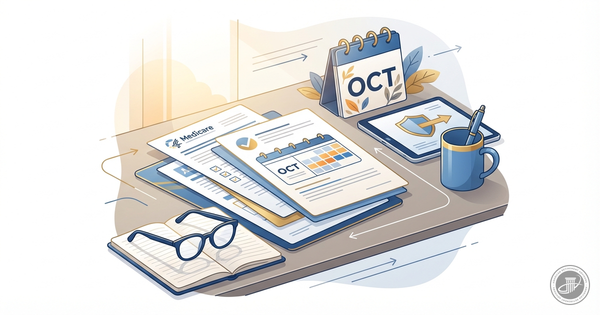 A professional infographic illustration of an organized desk with stylized documents, a calendar showing October, and reading