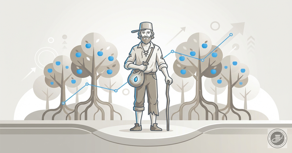 Illustrated infographic portrait of Johnny Appleseed as a pioneer entrepreneur in orchards, with a blue, gray, and white pale