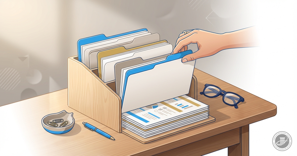 A hand gently organizes labeled folders and documents in a wooden desktop filing system with blue and gold accents.