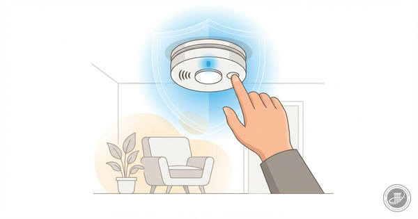 Illustration of a hand testing a ceiling smoke alarm with a glowing blue indicator, symbolizing home safety.
