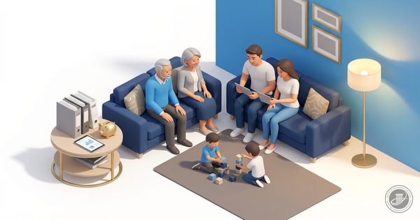 An isometric 3D illustration shows a multi-generational family sharing a moment in a warm, blue-accented living room with fin