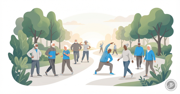 Active mature adults in a gentle exercise group outdoors, illustrated in a modern editorial style with soft blue, gray, and w