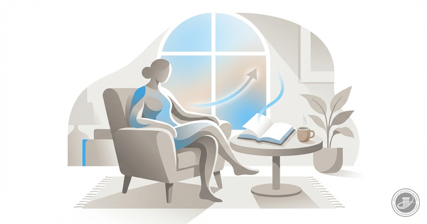 An infographic illustration of a person in a chair by a window with a book on a side table, rendered in warm grays, white, an