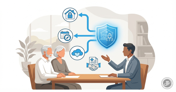 A clean infographic illustration of a mature couple planning with an advisor, symbolizing long-term care security and peace o