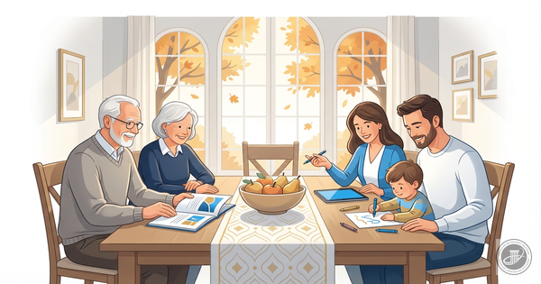 A warm, professional infographic illustration of a multi-generational family around a dining table during autumn, with golden