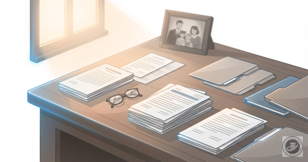 A softly lit illustration of retirement and estate planning documents, reading glasses, and a vintage photo on a wooden table