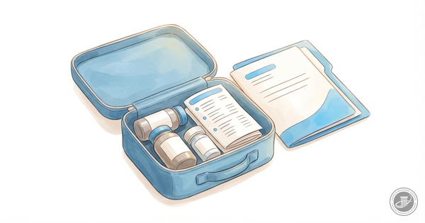 A clean, illustrated flat lay of an organized emergency health kit with pill bottles, documents, and a medication list on a w