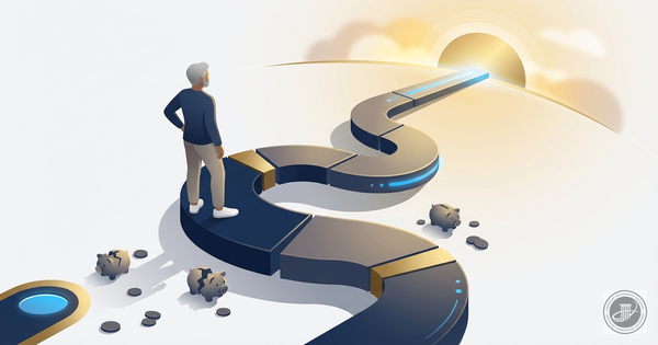 Isometric 3D illustration of a mature adult figure on a winding path towards a golden horizon.