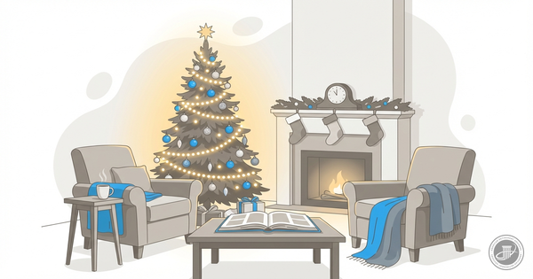 A warm, infographic-style illustration of a cozy Christmas living room with a decorated tree, armchairs, and soft golden ligh