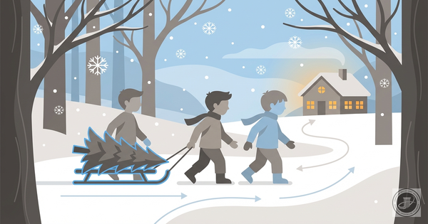 Stylized illustration of three boys pulling a Christmas tree through a snowy, warm gray and blue landscape towards a cozy hou