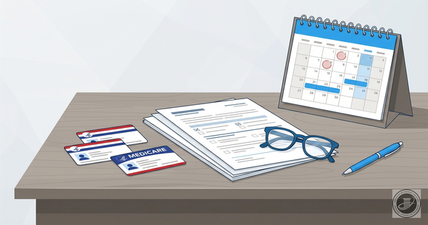 Illustrated Medicare cards, paperwork, glasses, and calendar on a desk.