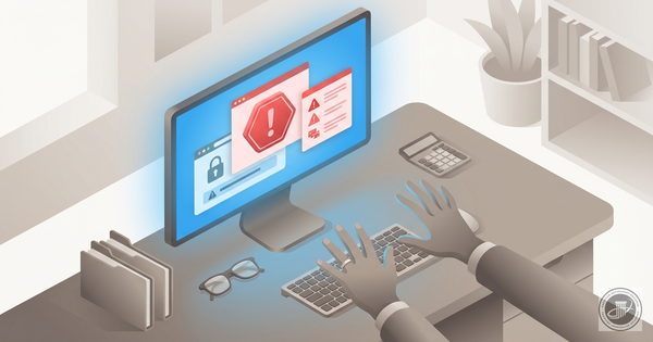 Isometric 3D illustration of hands pulling away from a glowing computer screen with a red pop-up warning icon.