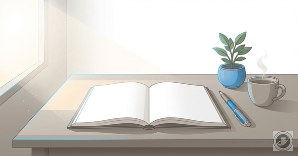An open blank journal and pen on a sunlit desk with a plant and coffee cup, illustrating fresh start planning.