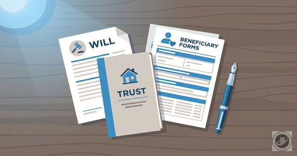 Illustrated estate planning documents and a fountain pen on a wooden table in a clean, professional infographic style.