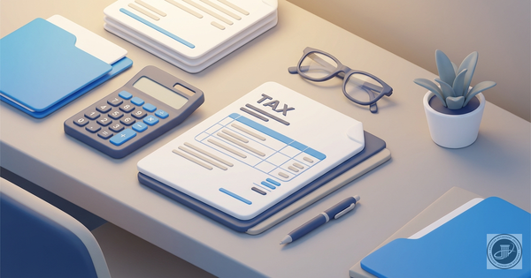 Isometric 3D illustration of stylized tax documents, calculator, reading glasses, and a pen neatly arranged on a desk with wa