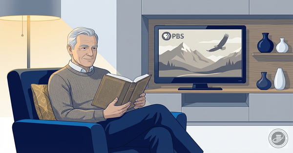 Stylized illustration of an older adult in an armchair reading a book, with a television playing a documentary in a warm, mut