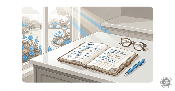 Illustrated kitchen counter scene with an open notebook, reading glasses, and pen under a window showing a garden.