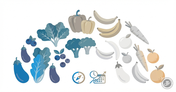 Professional infographic illustration of a rainbow of fruits and vegetables on a white surface with a blue accent.