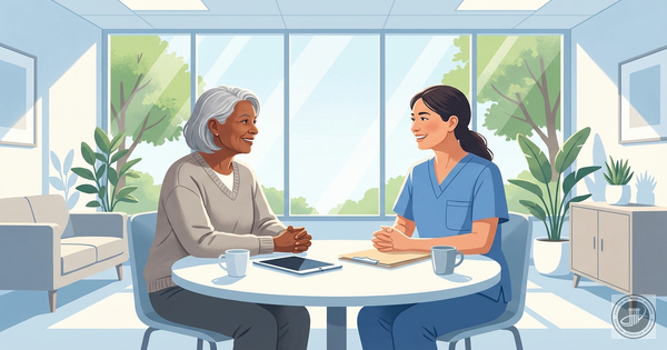A mature adult and a healthcare provider smile during a friendly conversation in a bright, modern medical office.