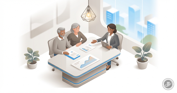 Isometric 3D illustration of a mature couple and a financial advisor with documents at a table.