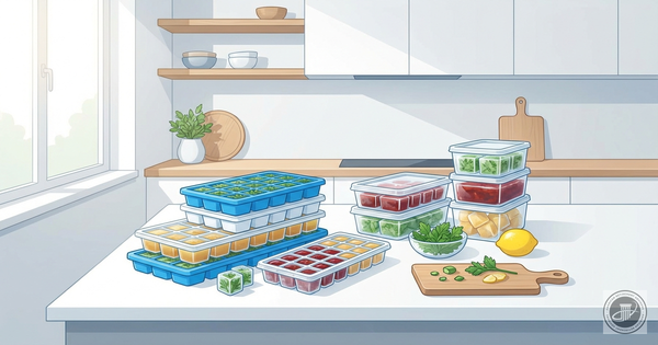 Illustrated infographic of a modern kitchen counter with ice cube trays filled with colorful frozen herbs, sauces, and broths