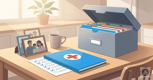 Professional infographic illustration of a warm kitchen table with an organized document box, a red cross folder, family phot