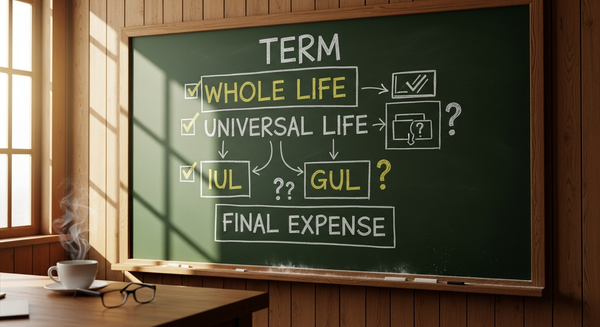 Chalkboard showing six types of life insurance: Term, Whole Life, Universal Life, IUL, GUL, Final Expense