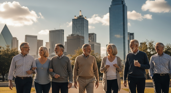 Group of retirees walking through a Dallas park with the city skyline behind them
