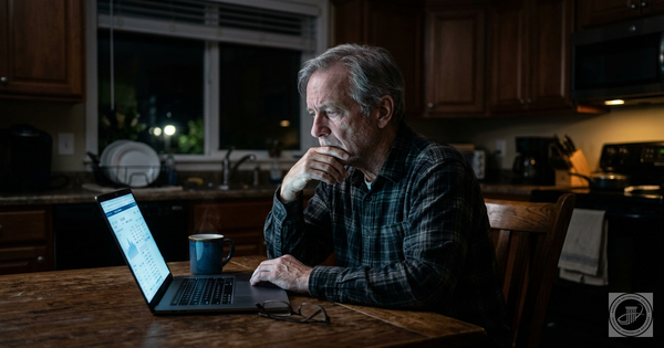 A retired man sitting at his kitchen table late at night, staring at his laptop, lost in worry about finances