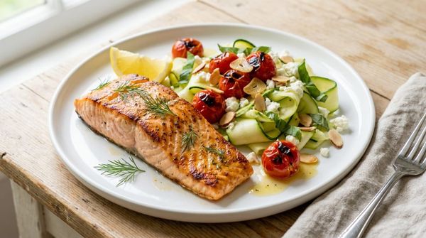 Grilled Lemon-Herb Salmon with Zucchini Ribbons & Blistered Cherry Tomatoes