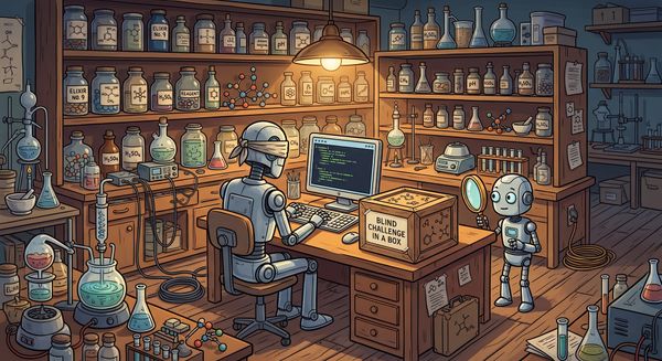 Comic illustration of a blindfolded robot typing on a computer in a cluttered chemistry lab, next to a wooden box labeled "Blind Challenge in a Box".