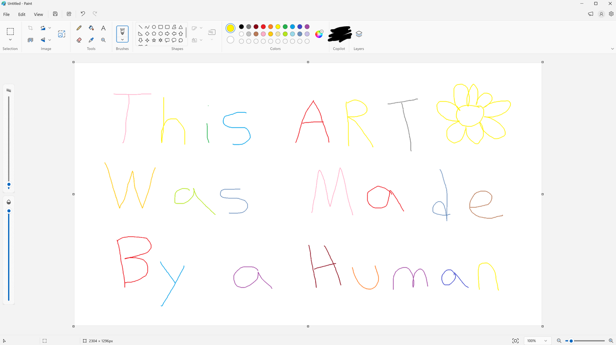 Screenshot of Microsoft paint with a hand-drawn sign saying "This Art was Made by a a Human" on the toolbar of Microsoft Paint, the copilot logo has been scribbled over with black
