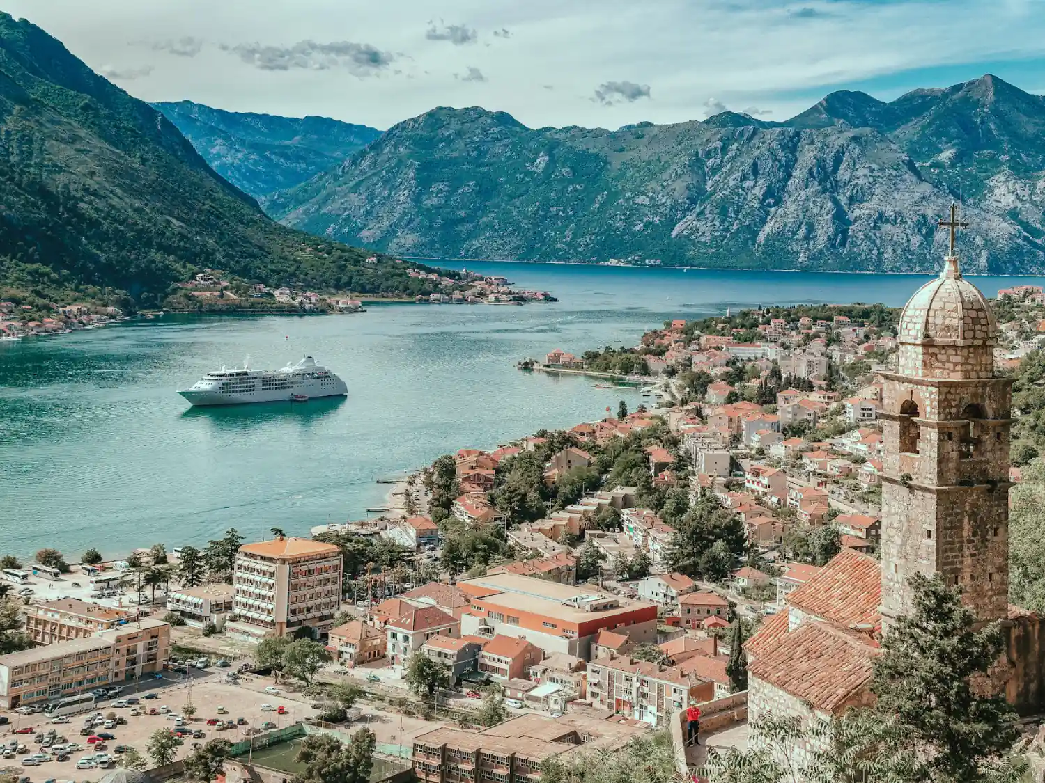 View over Bay of Kotor and surrounding mountains in Montenegro.