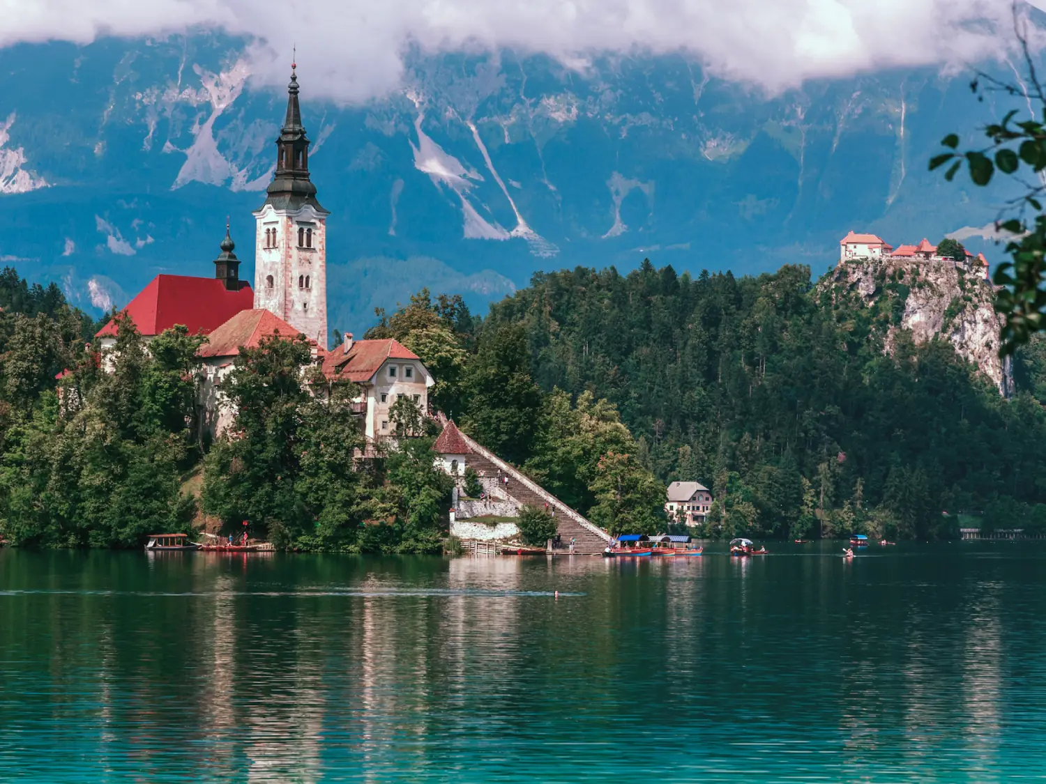 View over church and Bled Castle in Lake Bled, Slovenia.