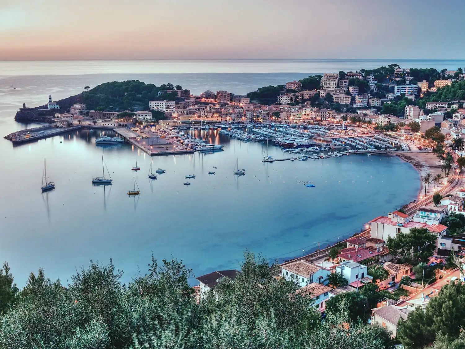 Photo of harbour in Port de Soller, Mallorca at sunset.