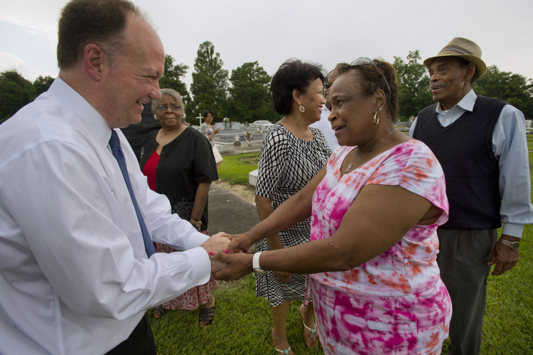 Memorial: Georgetown's John DeGioia with slave descendant Audrey Johnson in Maringouin, La.