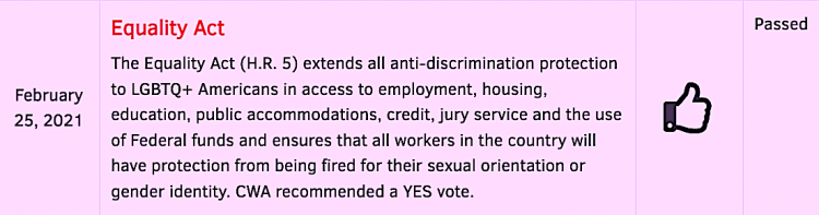 The journalist-affiliated CWA backs hot-button liberal measures, including this one in the House.