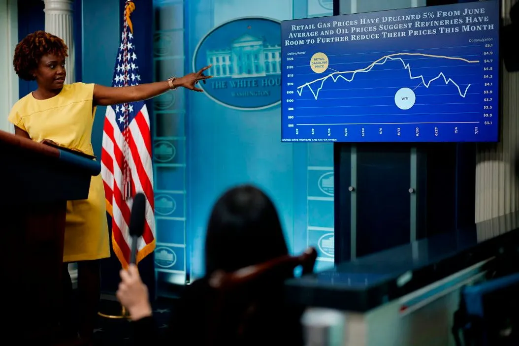 White House Press Secretary Karine Jean-Pierre talks to reporters during the daily news conference