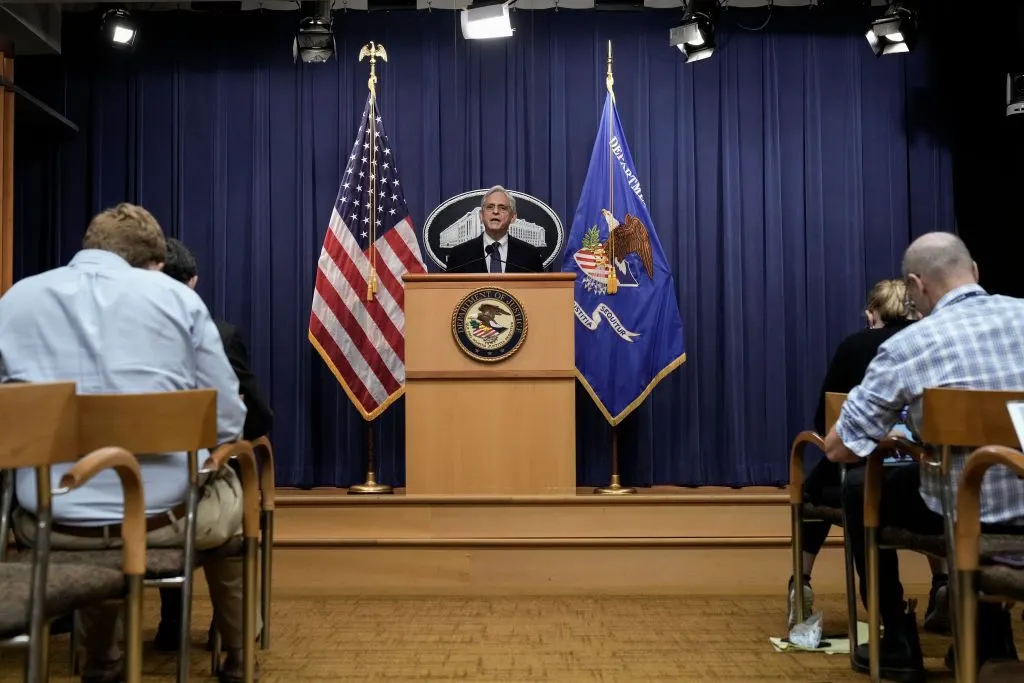 U.S. Attorney General Merrick Garland delivers a statement at the U.S. Department of Justice